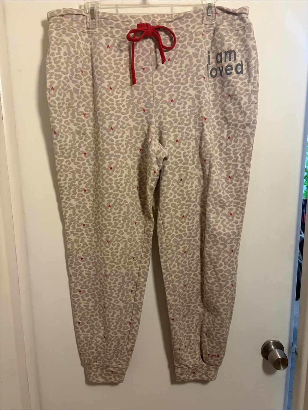 PEACE LOVE WORLD I Am Loved Leopard Print Jogger Pants with Hearts LARGE